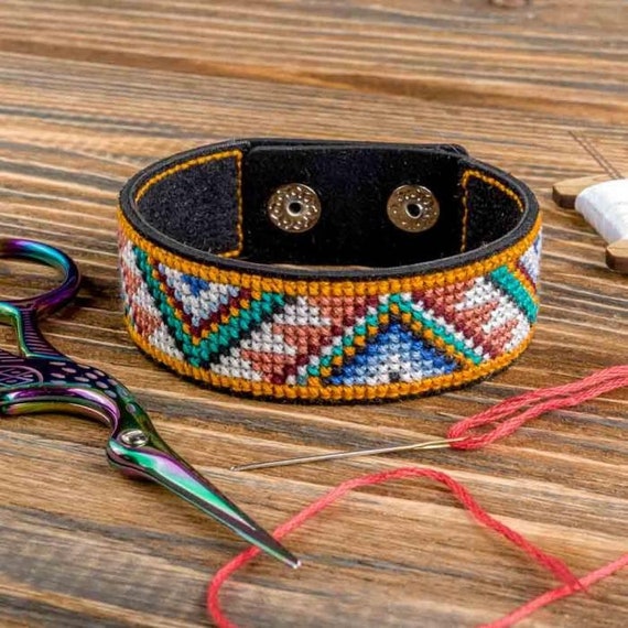 Cross-stitch Kits on Leather ethnic Ornament, DIY Bracelet