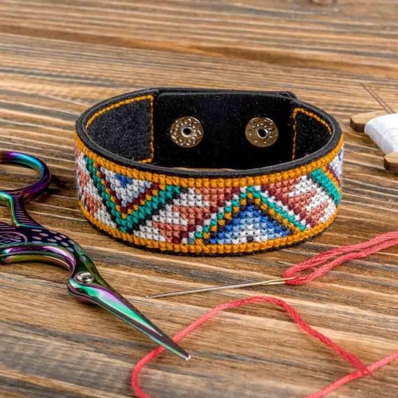 Cross-stitch Kits on Leather ethnic Ornament, DIY Bracelet