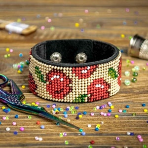 DIY Bead embroidery kit, Bracelet on leather kit, Beaded bracelet kit, Jewelry making kit, Gift for women image 1