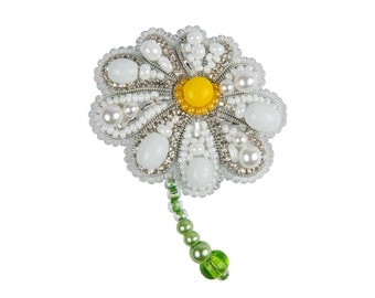 Beadwork kit for creating brooch "Chamomile", DIY Jewelry making kit, Brooch Pin kit, Seed beaded brooch, Bead Embroidery Kit