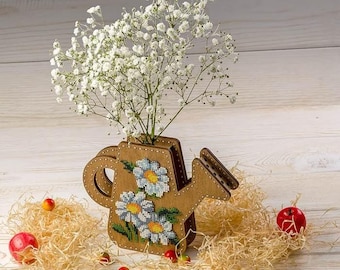 DIY Bead Embroidery on wood kit "Watering can with daisies", Flower vase , beading embroidery, bead stitching wood decor, Wooden beaded kit,