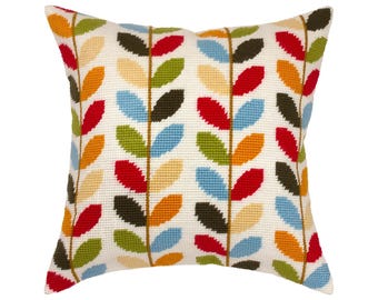 DIY Needlepoint Pillow Kit "Colors of autumn" | Tapestry Cushion, Tent Stitch Embroidery Kit, Needlecraft Pillow, Printed Canvas 16x16 in