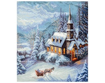May include: A snowy winter scene with a small church in the distance. The church has a tall steeple and is lit up with warm yellow lights. A horse-drawn sleigh is traveling towards the church, with a snowy landscape in the foreground.
