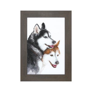 May include: A framed cross-stitch embroidery of two Siberian Huskies, one black and white and the other brown and white, looking at each other.
