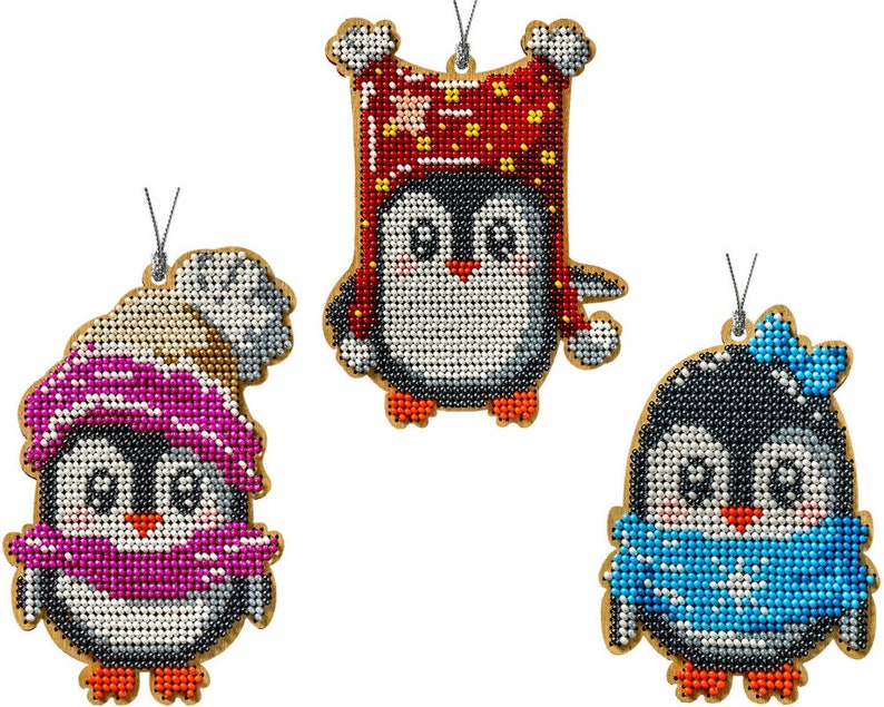 Xmas tree beading embroidery bead stitching wood decor DIY Christmas tree toy kit Christmas penguins