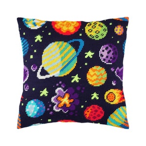 DIY Needlepoint Pillow Kit "Space", Tapestry cushion kit, Half Cross Stitch Kit, Embroidery kit, size 16"x16" (40x40 cm), Printed Canvas