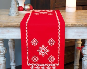 DIY Printed Table Runner kit "Snowflakes on red", Printed Cross Stitch Kit, Embroidery table decor kit
