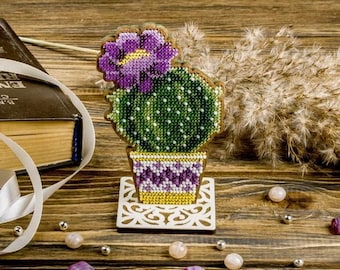 DIY Bead Embroidery Kit on Wood - &quot;Blooming cactus&quot; | Handmade Beaded Décor | Perfect Gift Idea