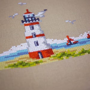DIY Printed Tablecloth kit "Lighthouses", Printed Cross Stitch Kit, Embroidery table decor kit