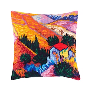 DIY Needlepoint Pillow Kit &quot;Landscape with a House and an Employee&quot;, Tapestry cushion kit, Half Cross Stitch Kit, Embroidery kit, size