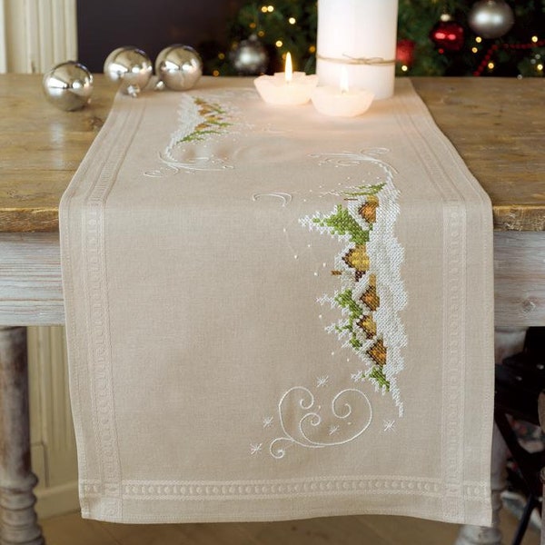 DIY Printed Table Runner kit "Village in the snow", Printed Cross Stitch Kit, Embroidery table decor kit