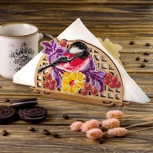 "DIY Serviettenhalter ""Dompfaff mit Blumen"", Perlenstickerei, Perlenstickerei, Holzperlen Bastelpackung, Holzdekor"