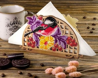 DIY napkin holder kit "Bullfinch with flowers", beading embroidery kit, bead stitching, beadwork craft kit, wood decor