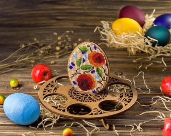 Kit de soporte de huevo de Pascua de bricolaje "Huevo con flores rojas", Bordado de cuentas en kit de madera, costuras de cuentas, decoración de madera