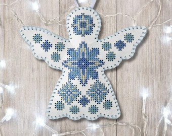 Cross Stitch Kit «Angel Christmas Ornament» DIY Embroidery on Faux Leather, Handmade Christmas tree toy, Christmas Decoration, Christmas