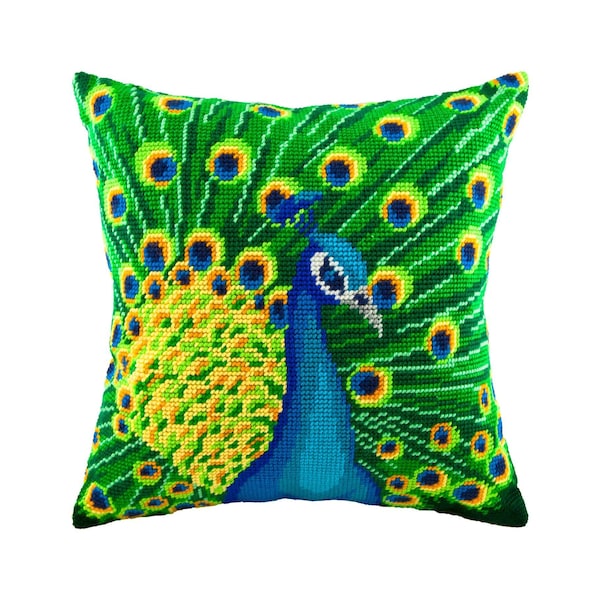 DIY Needlepoint Pillow Kit "Peacock", Tapestry cushion kit, Half Cross Stitch Kit, Embroidery kit, size 16"x16" (40x40 cm), Printed Canvas