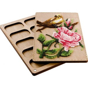 Kit fai da te per ricamo con perline "Uccelli e fiori", Vassoio porta perline in legno con coperchio in legno, Contenitore per perline, Scatola per perline, Perline