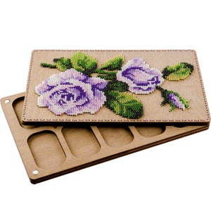 Kit fai da te per ricamo con perline "Rosa viola", vassoio porta perline in legno con coperchio in legno, contenitore porta perline, scatola per perline, utensili per perline