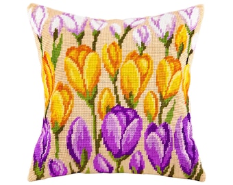 DIY Needlepoint Pillow Kit "Crocuses" | Tapestry Cushion, Tent Stitch Embroidery Kit, Needlecraft Pillow, Printed Canvas 16x16 in, 40x40 cm