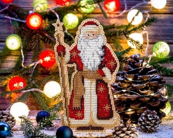 DIY Christmas toy kit "Father Frost", Xmas tree beading embroidery, bead stitching wood decor