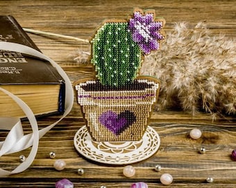 DIY Bead Embroidery Kit on Wood - "Blooming cactus" | Handmade Beaded Décor | Perfect Gift Idea