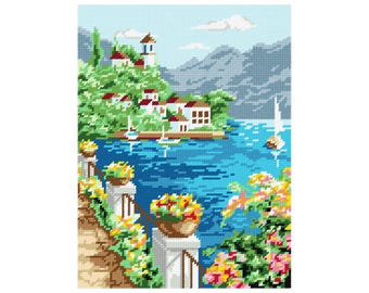 Kit de punto de cruz "Corfú" con lienzo de tapiz impreso, 24 x 32 cm, kit de bordado, kit de costura