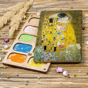 Vassoio portaoggetti per perline in legno con coperchio in legno "Il bacio Gustav Klimt", contenitore porta perline, scatola per perline, utensili per perline