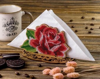 DIY napkin holder kit "Red Rose", beading embroidery kit, bead stitching, beadwork craft kit, wood decor