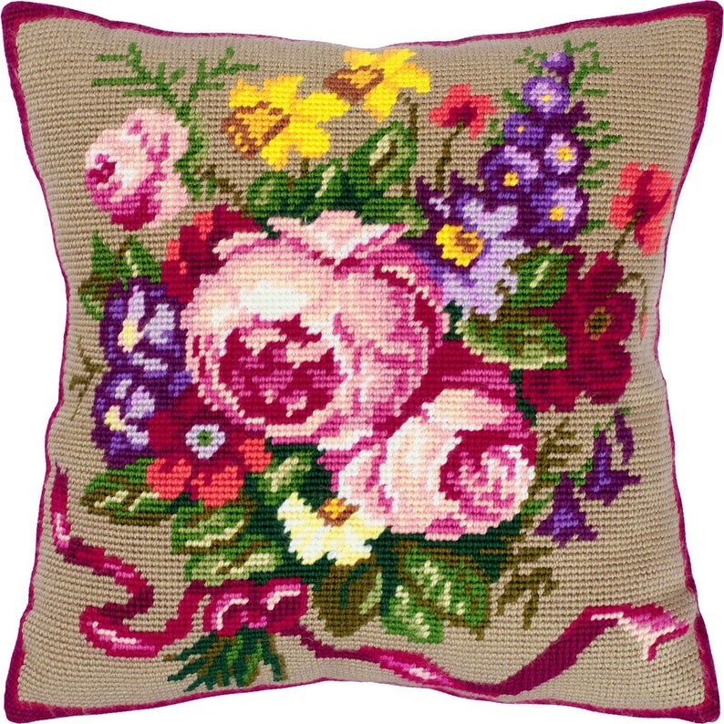 DIY Needlepoint Pillow Kit classic Bouquet Etsy