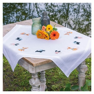 DIY Printed Tablecloth kit "Dogs", Printed Cross Stitch Kit, Embroidery table decor kit
