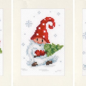 DIY-wenskaartenpakket kerstkabouters set van 3, telpatroon, borduurpakket, kerstkaarten