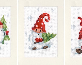 DIY Greeting card kit Christmas gnomes set of 3, Counted Cross Stitch Kit, Embroidery kit, Holiday greeting cards