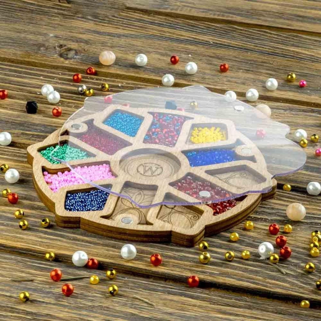 Wood Bead Organizer Tray With Lid , Seed Bead Storage Container Case