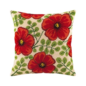 DIY Needlepoint Pillow Kit "Red Flowers", Tapestry cushion kit, Half Cross Stitch Kit, Embroidery kit, size 16"x16" (40x40 cm), Printed