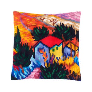 DIY Cross Stitch Cushion Kit &quot;Landscape with a House and an Employee&quot; with Printed Canvas, Needlepoint Pillow Kit, Embroidery kit, Brvsk