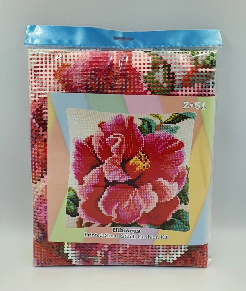 DIY Needlepoint Pillow Kit Hibiscus Cross Stitch Etsy