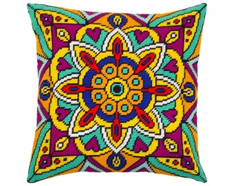 DIY Needlepoint Pillow Kit "Mandala", Tapestry cushion kit, Half Cross Stitch Kit, Embroidery kit, size 16"x16" (40x40 cm), Printed Canvas