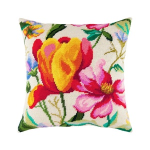 DIY Needlepoint Pillow Kit "Tulips in Watercolor", Tapestry cushion kit, Half Cross Stitch Kit, Embroidery kit, size 16"x16" (40x40 cm),