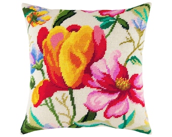 DIY Needlepoint Pillow Kit "Tulips in Watercolor", Tapestry cushion kit, Half Cross Stitch Kit, Embroidery kit, size 16"x16" (40x40 cm),