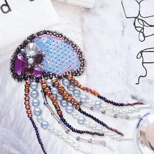 DIY Jewelry making kit &quot;Jelly-fish&quot;, Seed beaded brooch, Bead Embroidery Kit A04