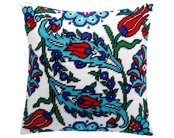 KIT de almohada NEEDLEpoint "Turkish Flowers", Kit de cojín de tapicería, Kit de punto de media cruz, Kit de bordado, tamaño 16 "x16" (40x40 cm), Impreso