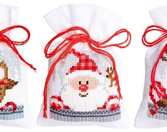 DIY Counted Cross Stitch Kit "Bag kit Christmas buddies set of 3"  Embroidery kit, Home decor, Gift for her