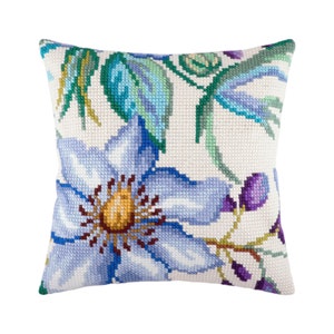 DIY Needlepoint Pillow Kit, Clematis, Cross Stitch Cushion Kit, Embroidery kit, Brvsk, 16x16" (40x40 cm), Printed Canvas