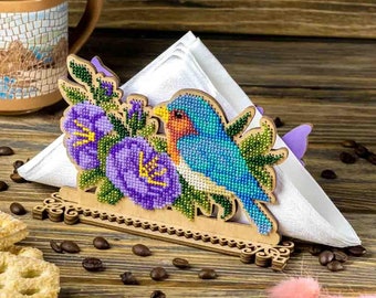 DIY napkin holder kit "Birds and flowers", beading embroidery kit, bead stitching, beadwork craft kit, wood decor