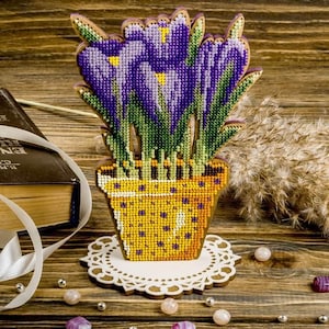 Kit fai da te per ricamo con perline su legno - "Crocus" / Decorazione con perline fatta a mano / Idea regalo perfetta