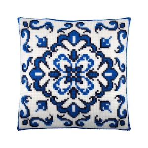 DIY Cross Stitch Cushion Kit "Blue Pattern" with Printed Canvas, Needlepoint Pillow Kit, Embroidery kit, Brvsk, 16x16" (40x40 cm)