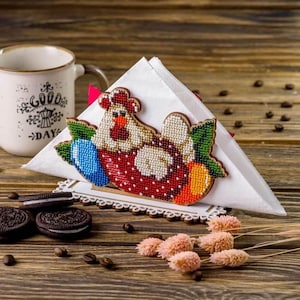 Kit porta tovaglioli fai da te "Pollo", kit ricamo con perline, punto perline, kit artigianato con perline, decorazioni in legno
