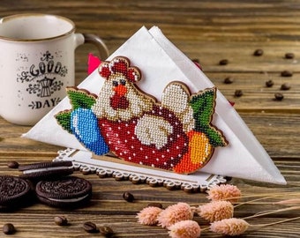 DIY napkin holder kit "Chicken", beading embroidery kit, bead stitching, beadwork craft kit, wood decor