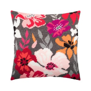 DIY Needlepoint Pillow Kit "Red Flowers", Tapestry cushion kit, Half Cross Stitch Kit, Embroidery kit, size 16"x16" (40x40 cm), Printed