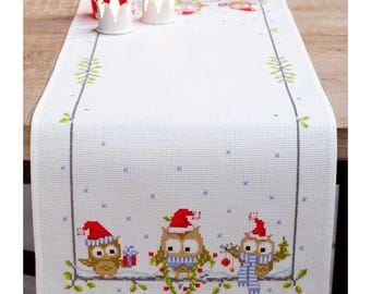 "DIY Aida Tischläufer ""Weihnachts Eulen"", Kreuzstich Stickpackung, Stickset Tischset"